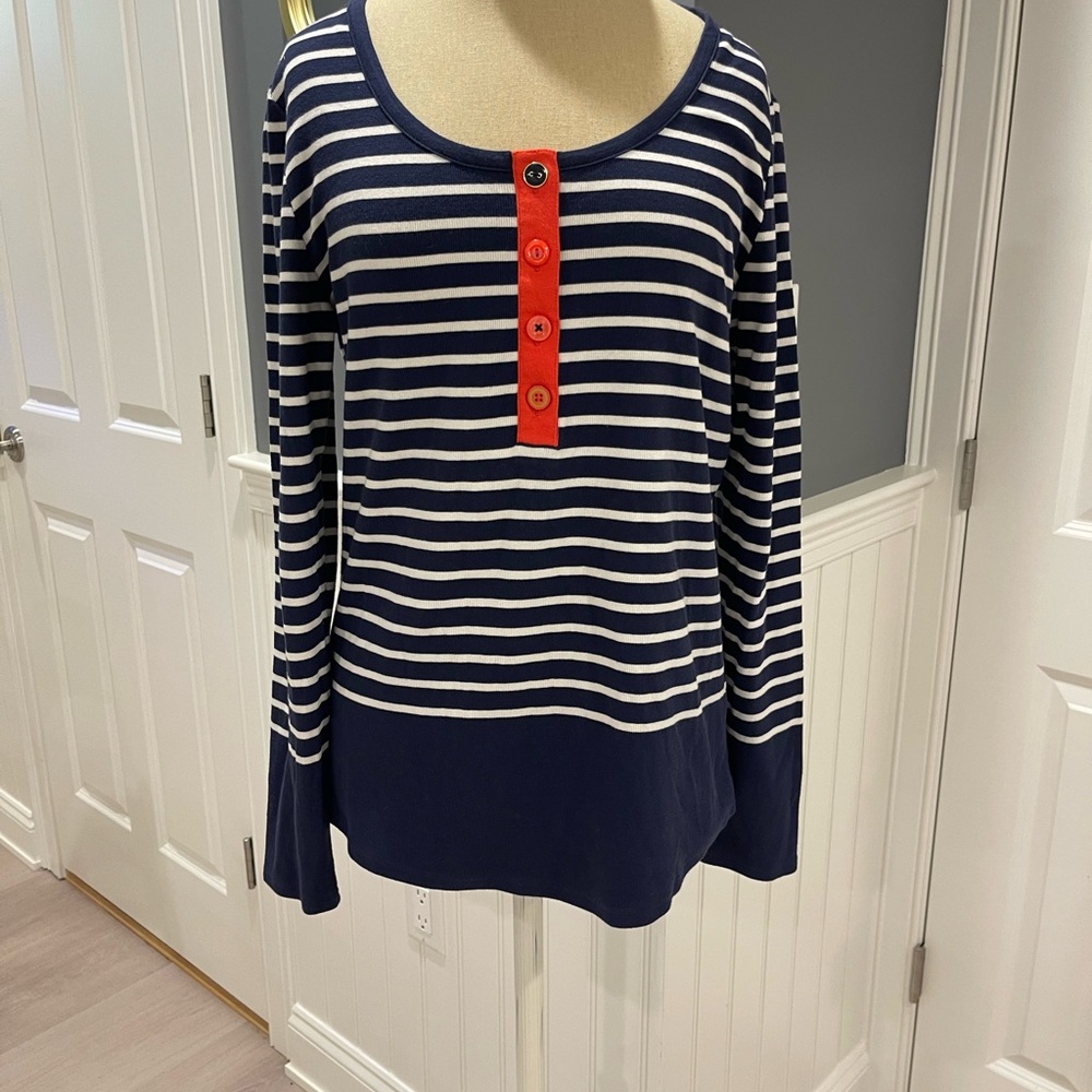 Joules Navy & White Striped Long Sleeve Top with Orange Button Placket